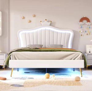 Kids padded LED white leather crown bedframe