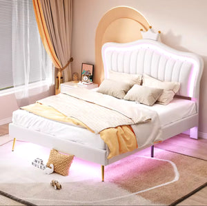 Kids padded LED white leather crown bedframe