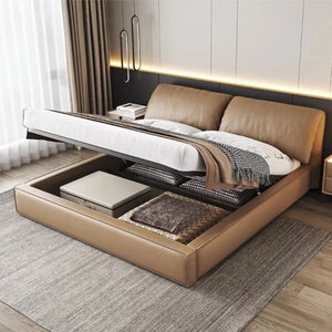 Genuine Leather Bed-frame with Gaslifted Storage