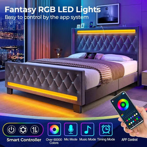 Queen Size Bed Frame with LED Light and Charging Station