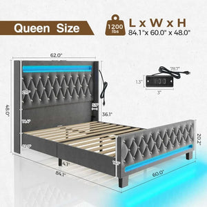 Queen Size Bed Frame with LED Light and Charging Station