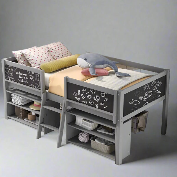 JAMES Kids Low Loft Bed with 2 Movable Storage Shelves