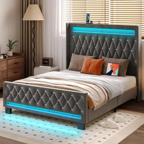 Queen Size Bed Frame with LED Light and Charging Station