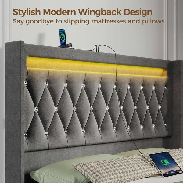 Queen Size Bed Frame with LED Light and Charging Station