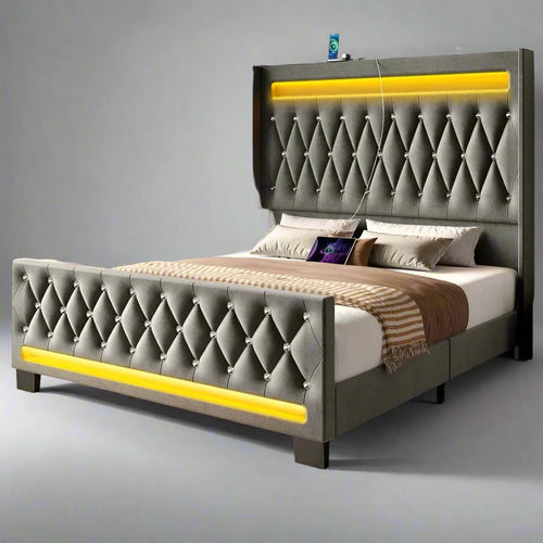 Queen Size Bed Frame with LED Light and Charging Station