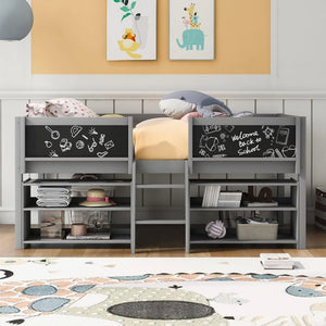 JAMES Kids Low Loft Bed with 2 Movable Storage Shelves